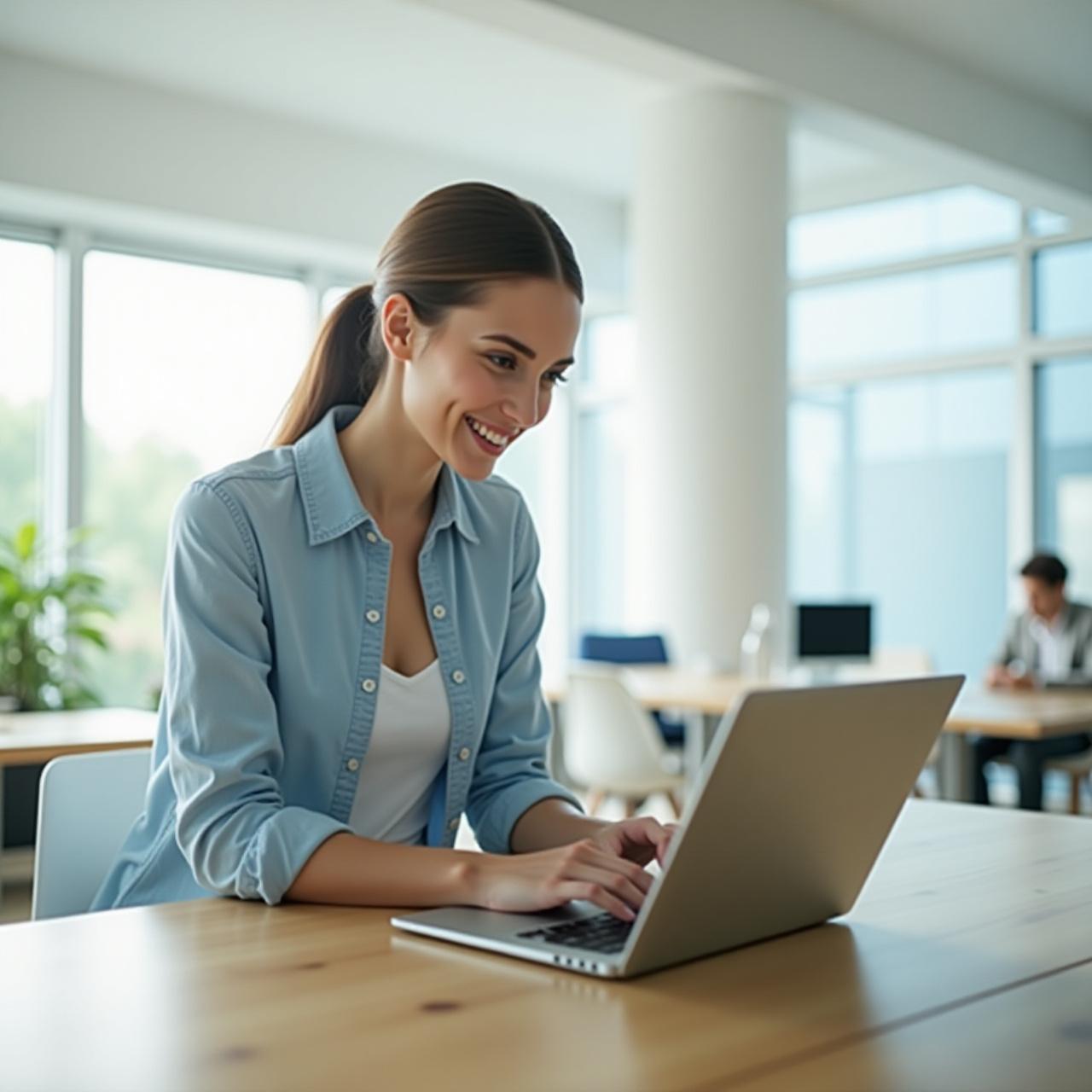 Professional student learning on a laptop in a bright modern environment